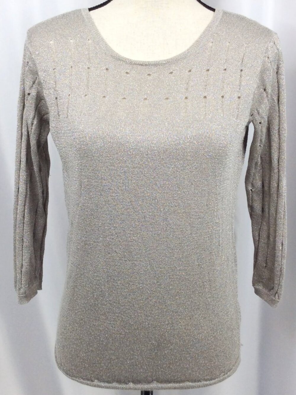 Gap Metallic Shimmer Pointelle‎ Sweater Women's XS Gray Taupe Beige 3/4 Sleeve